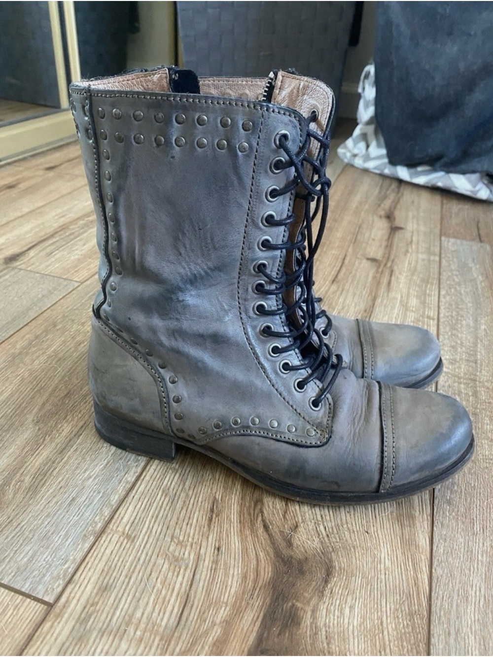 Diesel Gray Lace-Up Studded Leather Moto Boots